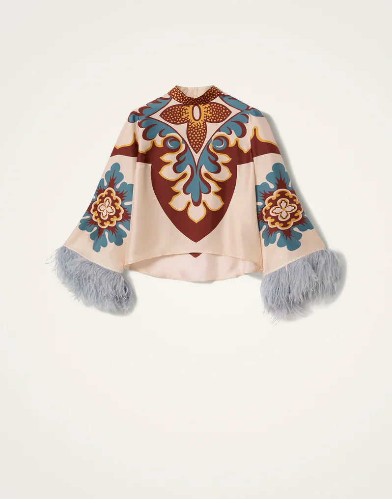Bohemian Feather Trim Bell Sleeve High Neck Top