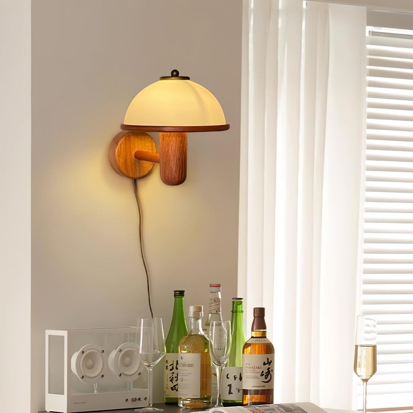 Schitterende Houten Wandlamp in Paddestoelvorm