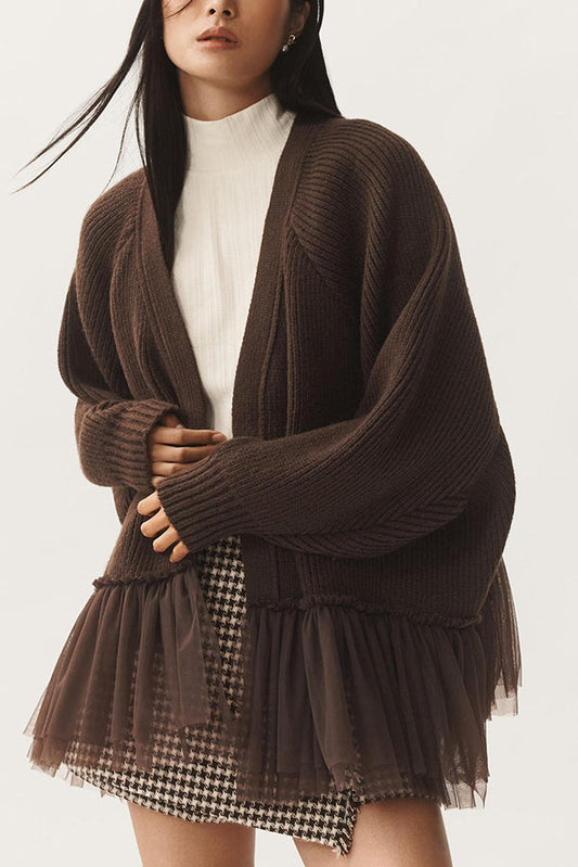 Mesh Ruffle Knit Cardigan with Long Sleeves