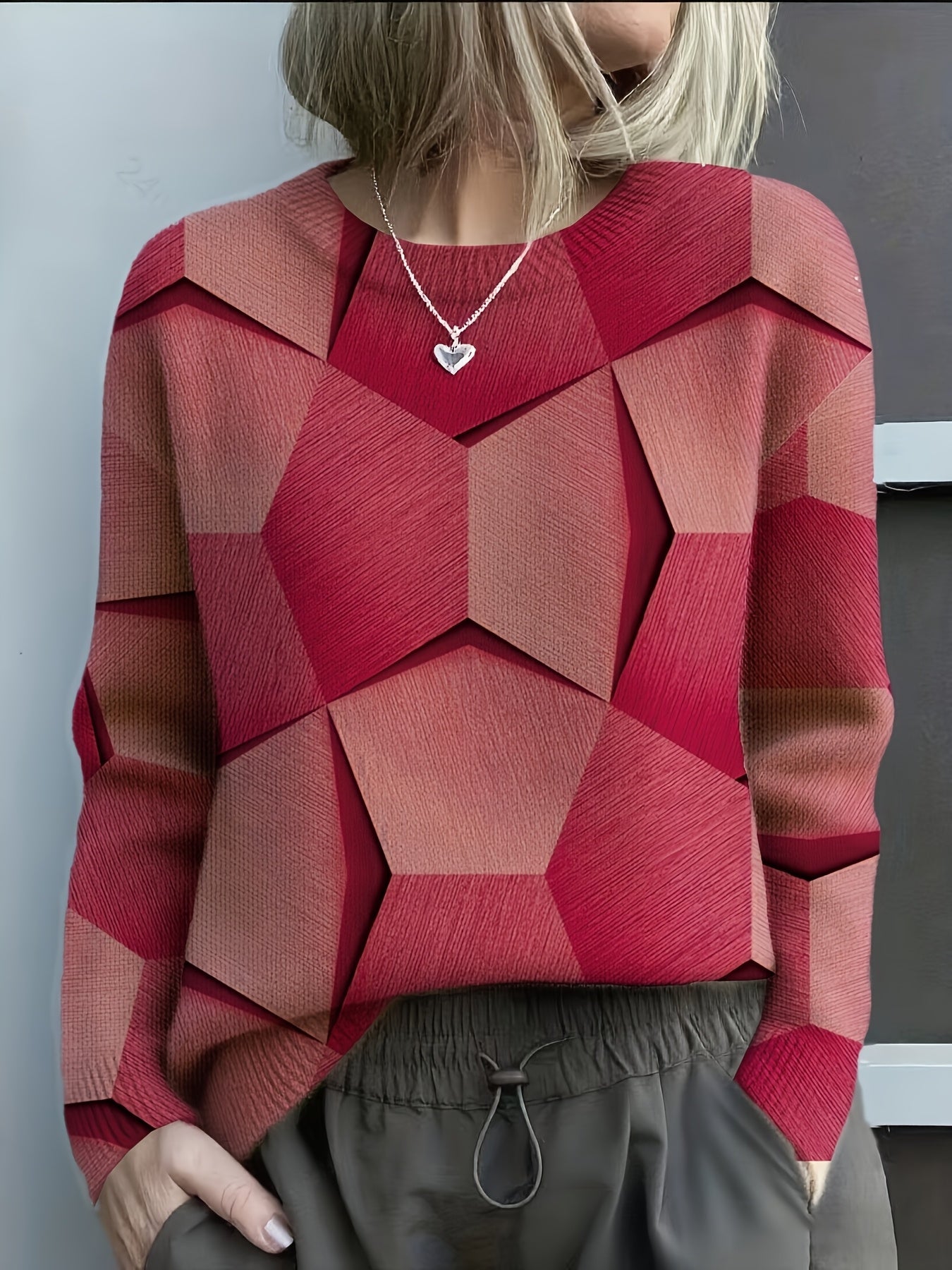 Cozy Knit Sweater with Bold Geometric 3D Prints