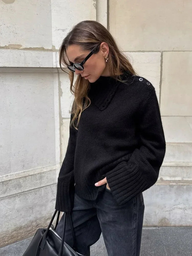 Cozy Button Turtleneck Loose Fit Pullover Sweater