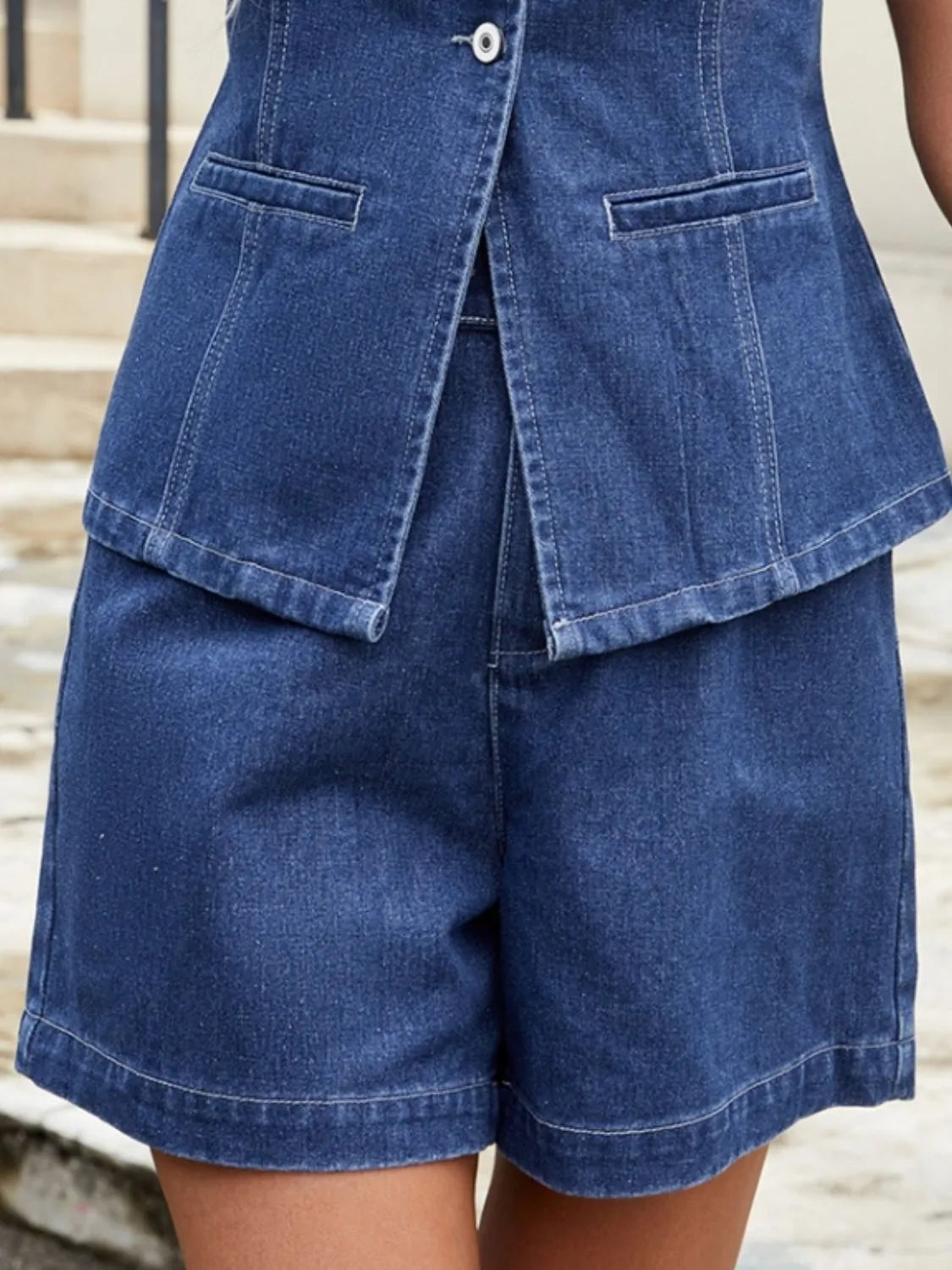 Casual Denim Button Down Vest and Shorts Set