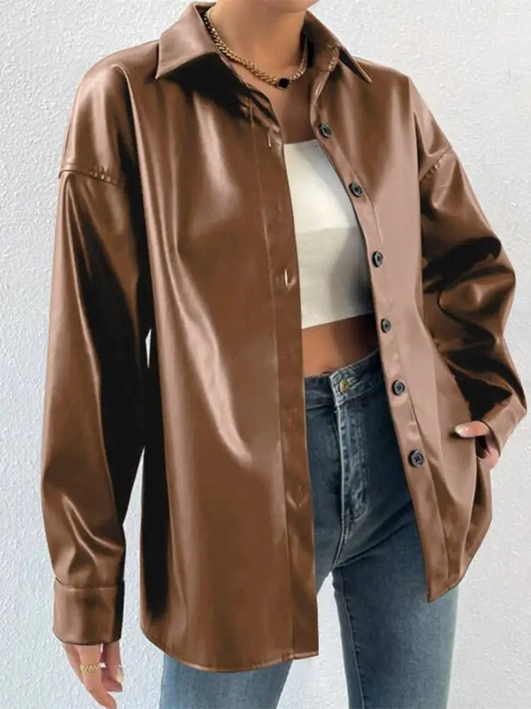 Vintage Leather Bomber Jacket with Lapel and Button Closure
