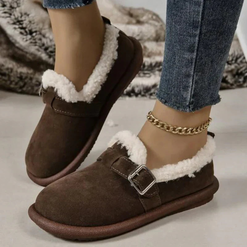 Cozy Fleece-Lined Slip-On Flats with Buckle Strap