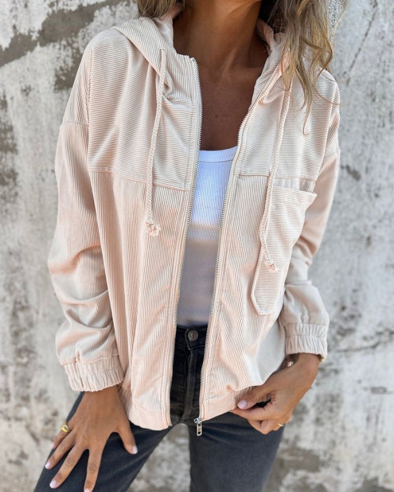 Casual Lightweight Corduroy Hooded Jacket for Women
