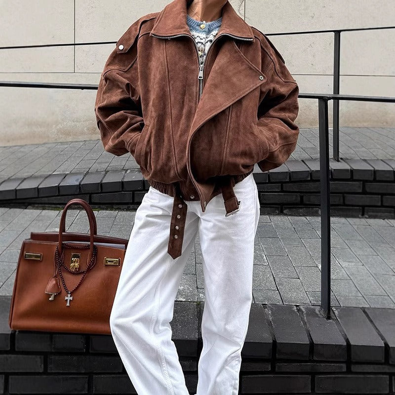 Oversized Suede Look Bomber Jacket with Asymmetric Zipper