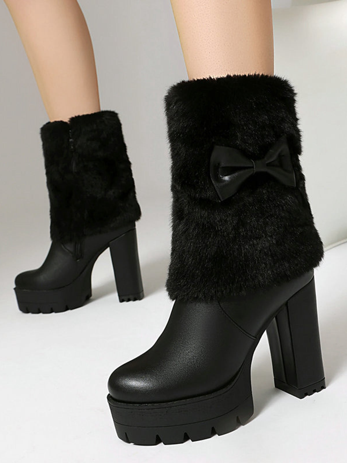 Chunky Heeled Plush Boots with Vintage Bow Accent