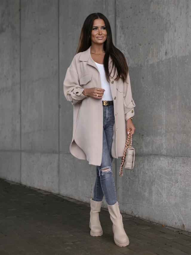 Cozy Long Buttoned Shirt Jacket with Wool Collar and Lapels