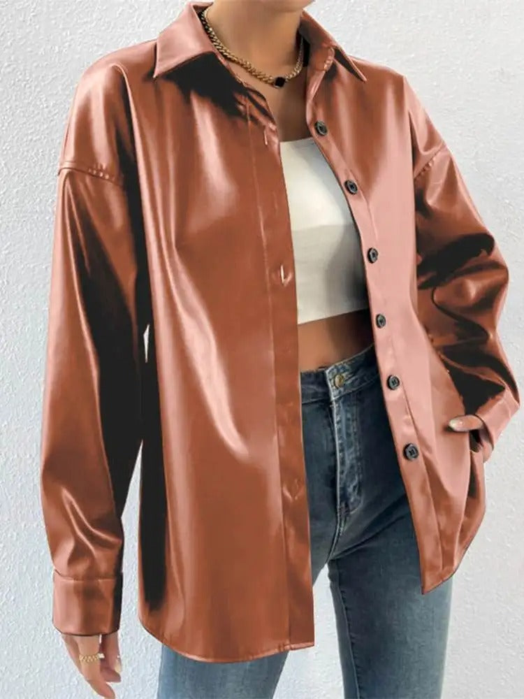 Vintage Leather Bomber Jacket with Lapel and Button Closure