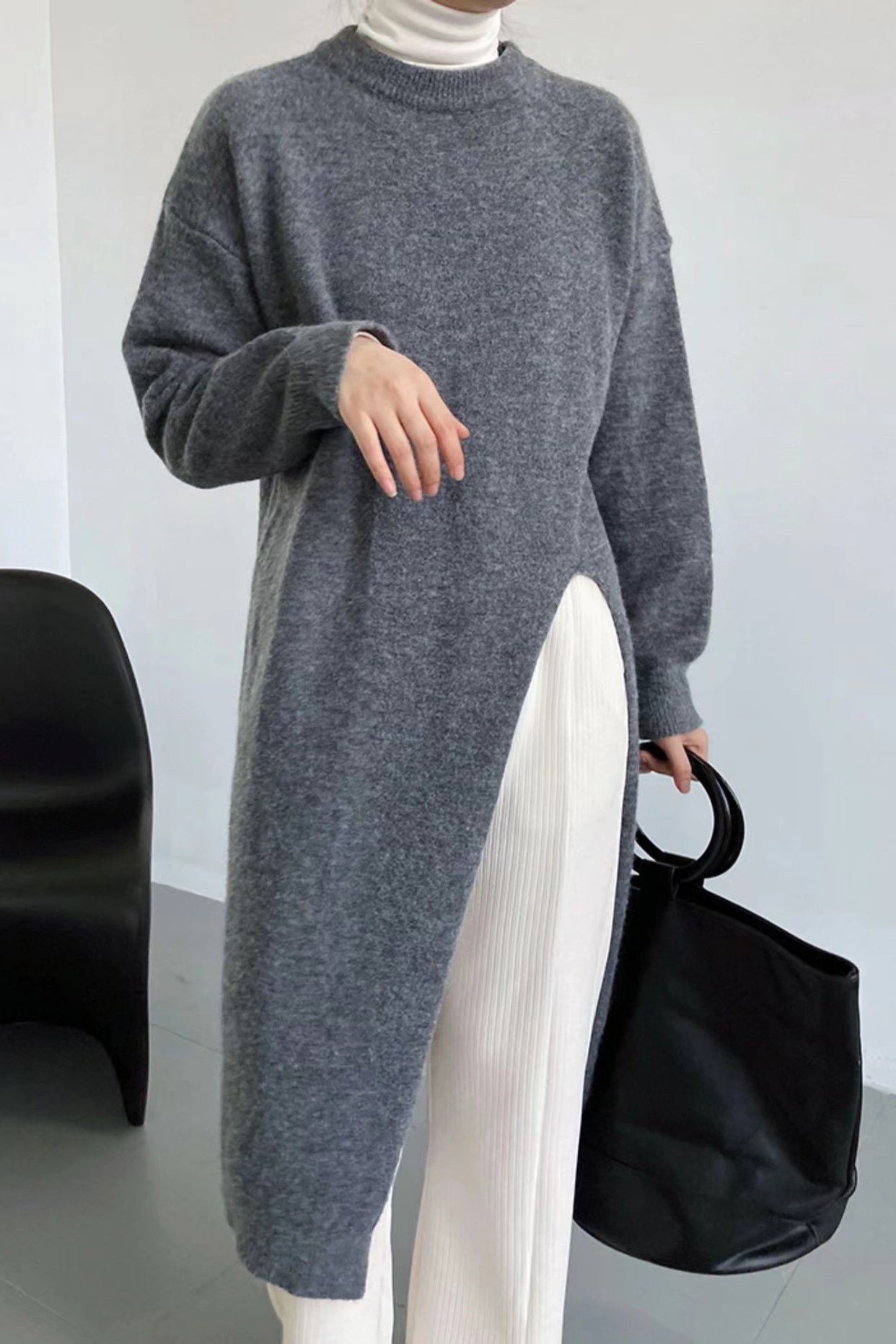 Side-Slit Knit Sweater Dress