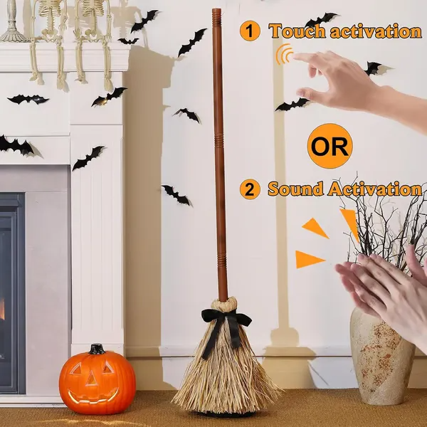 Interactive Floating Witch Broom Halloween Decor with Sound and Touch Response