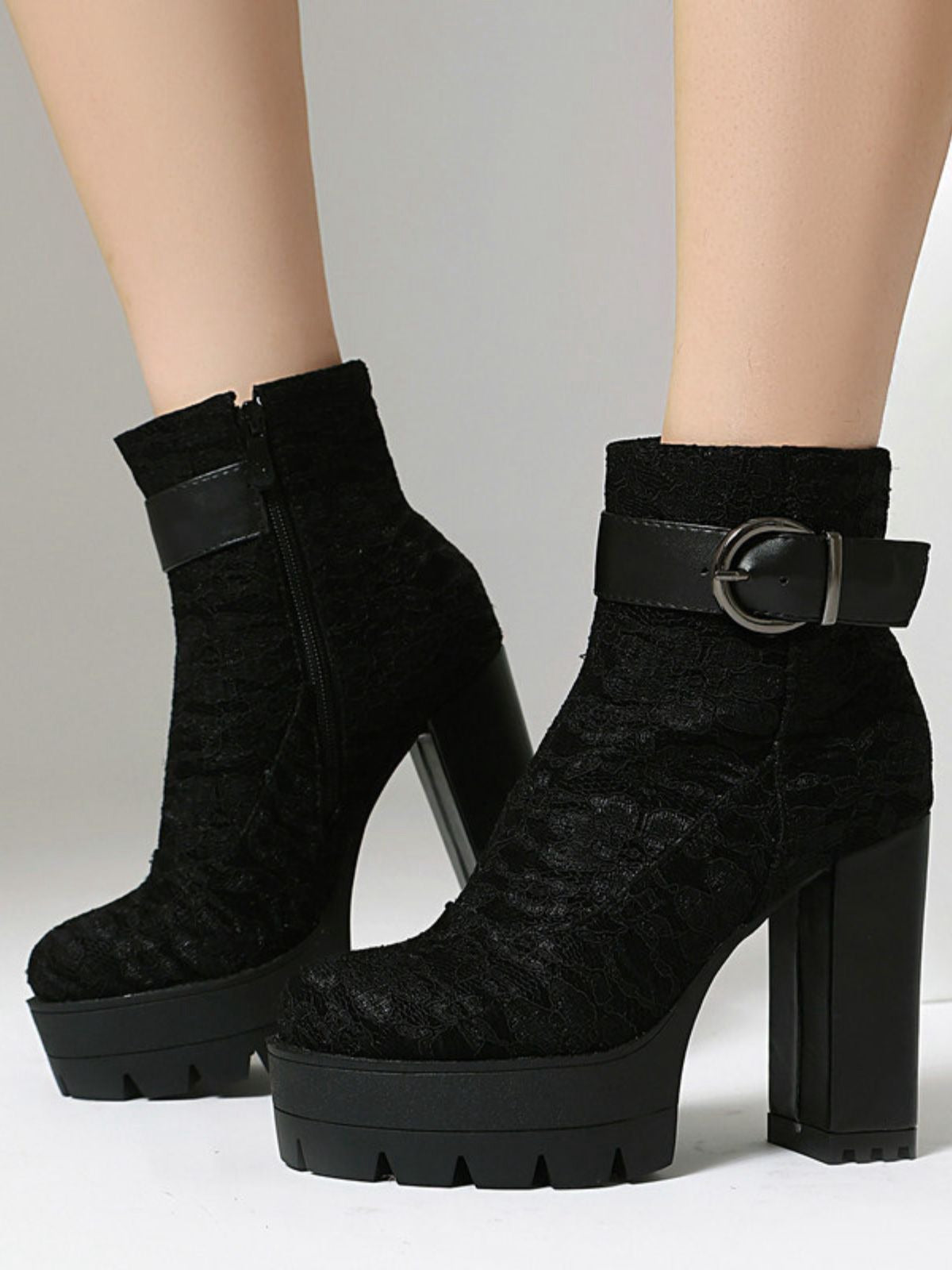 Vintage Lace Platform Ankle Boots with Chunky Heels