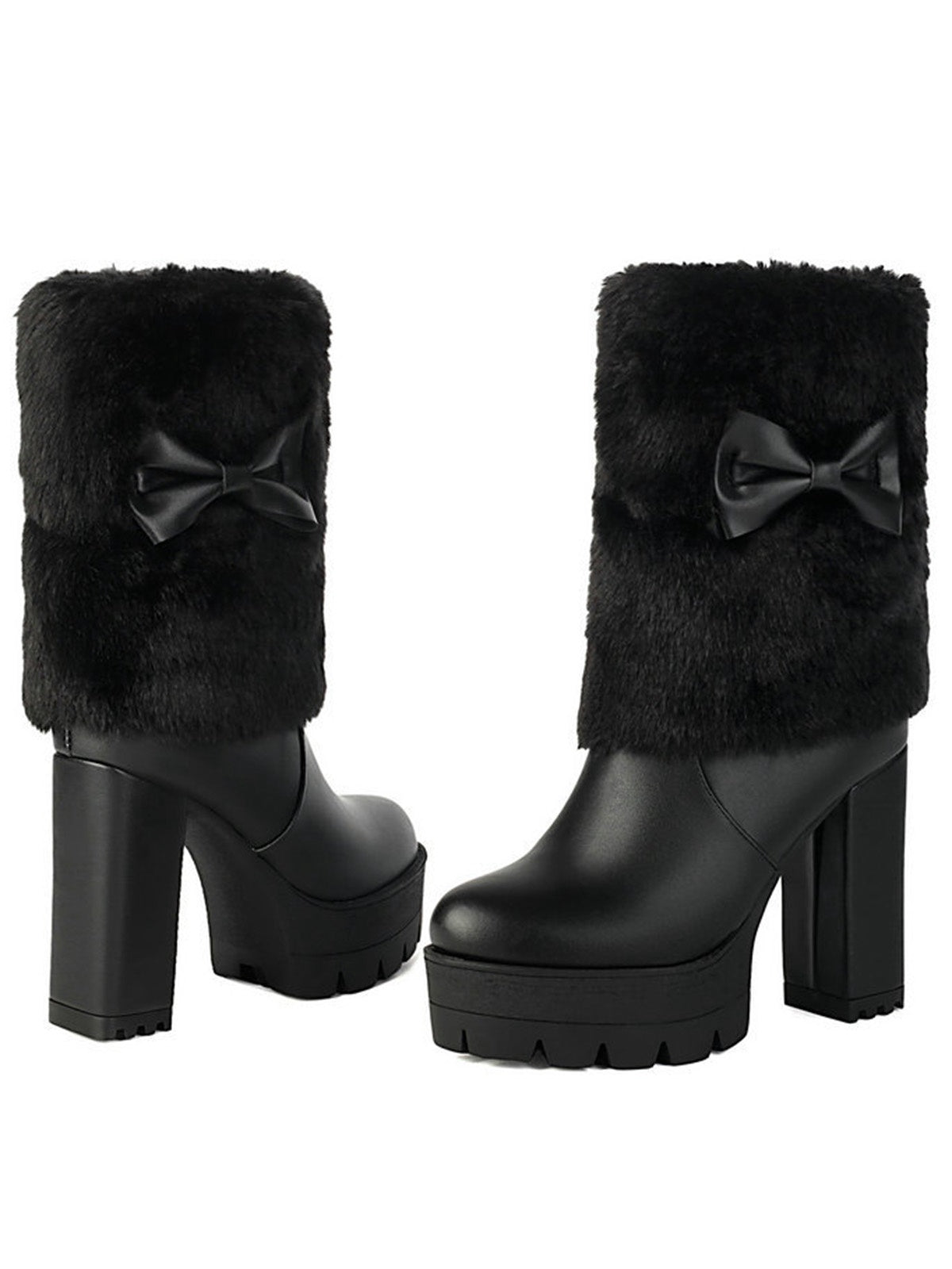Chunky Heeled Plush Boots with Vintage Bow Accent