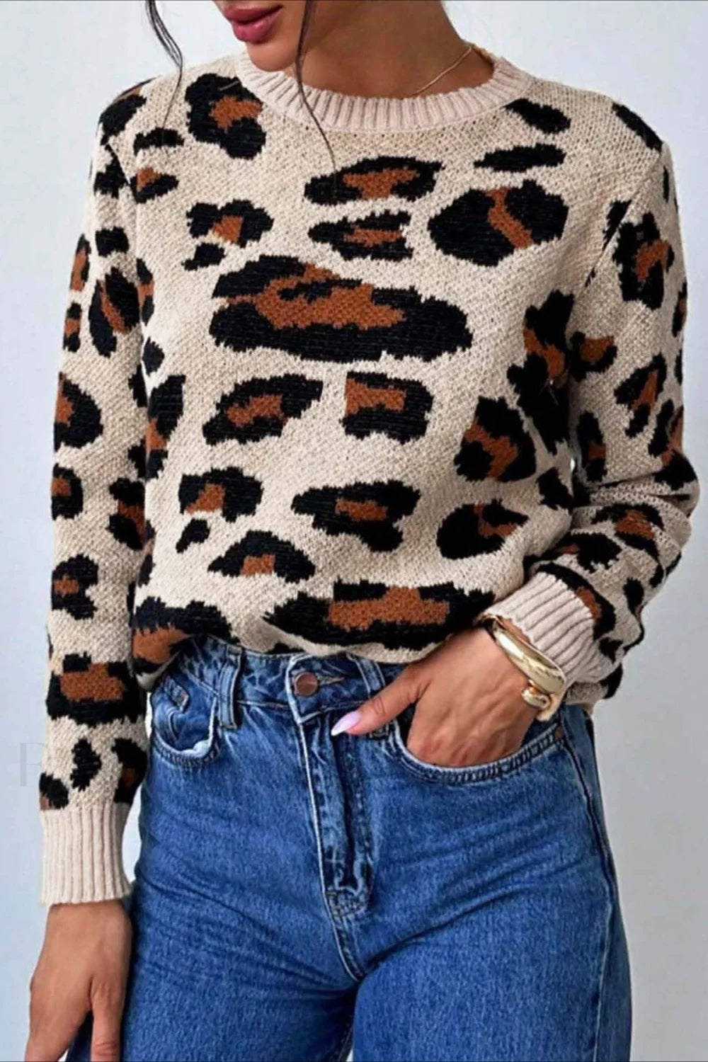 Chic Colorblock Leopard Print Crewneck Sweater