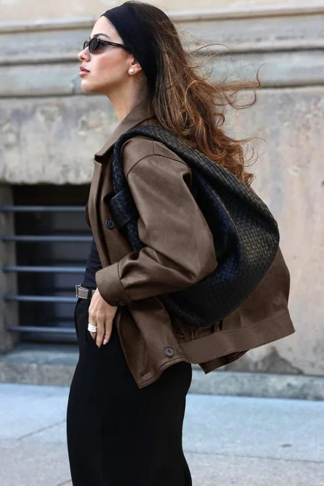 Double Breasted Black Leather Coat with Lapel Collar