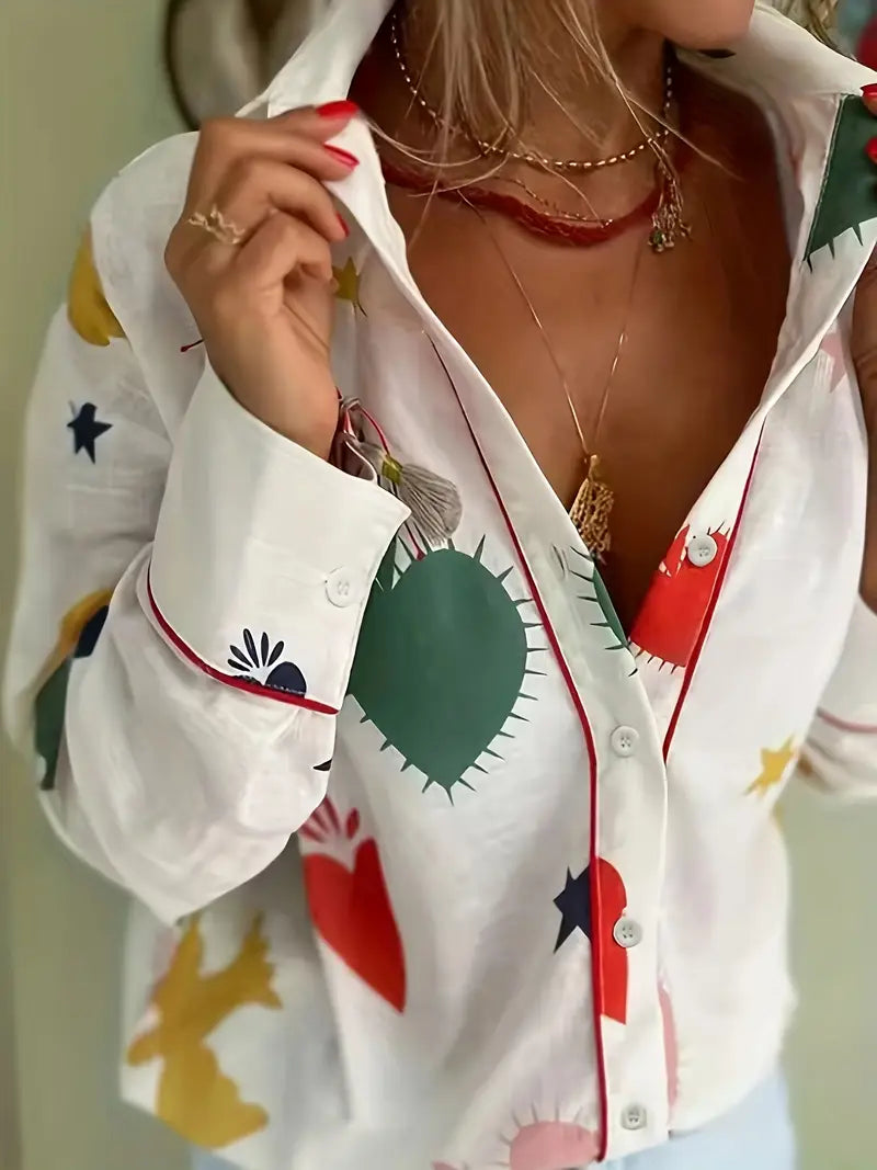 Linen Blend Printed Button-Down Loose Long Sleeve Blouse