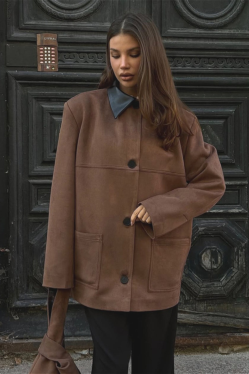 Retro Suede Collar Contrast Jacket