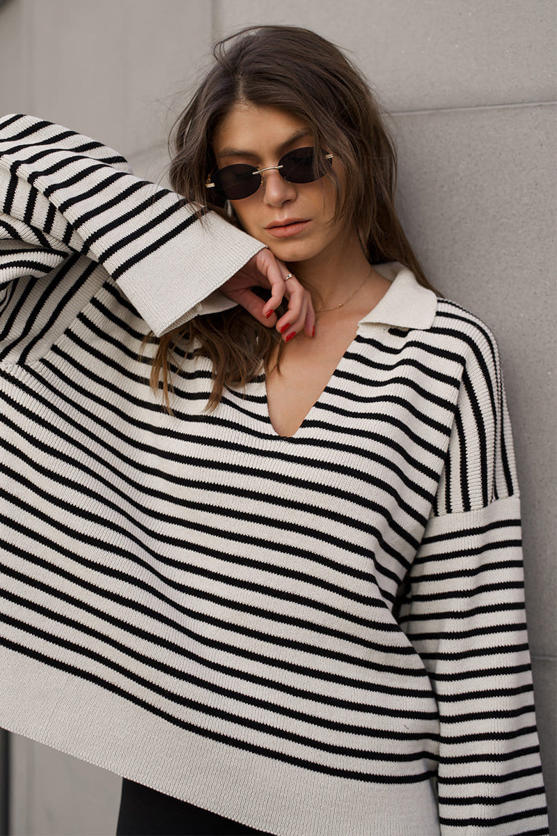 Cozy Striped Polo Neck Knit Sweater