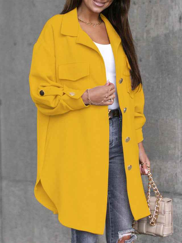 Cozy Long Buttoned Shirt Jacket with Wool Collar and Lapels