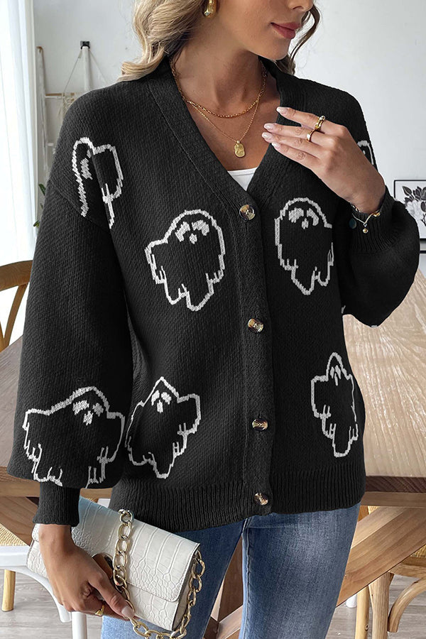 Cozy Halloween Ghost Knit Sweater Button-Down Top