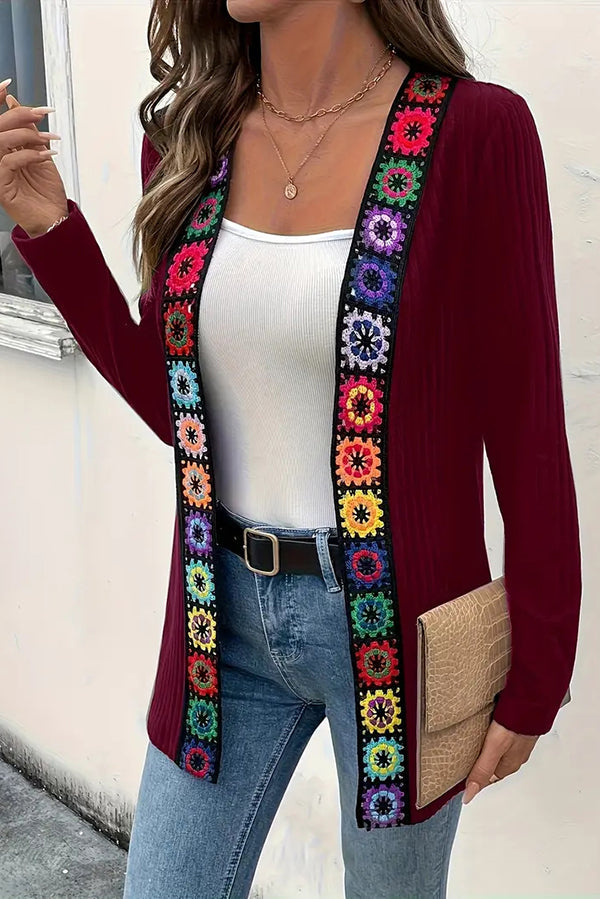 Boho Floral Edge Knit Long Sleeve Cardigan