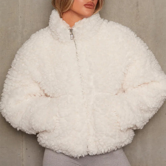 Wool Teddy Jacket with Zipper & High Collar