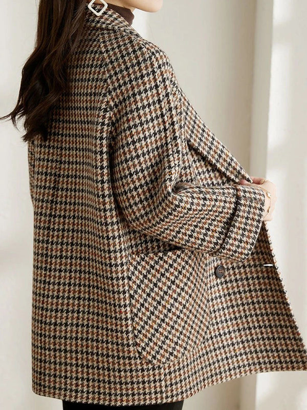 Houndstooth Wide Lapel Blazer with Rolled Sleeves