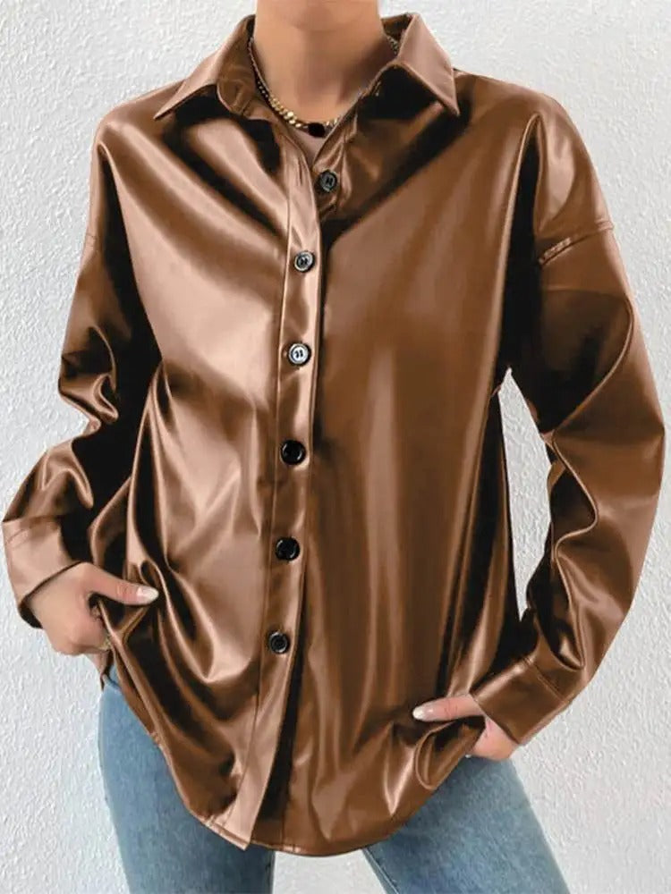 Vintage Leather Bomber Jacket with Lapel and Button Closure