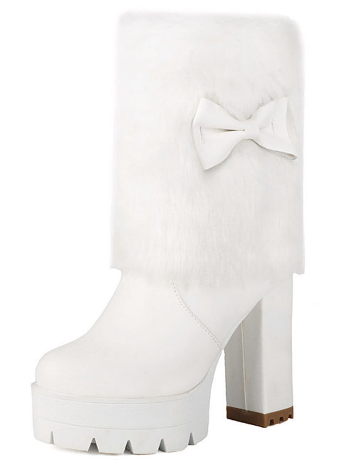 Chunky Heeled Plush Boots with Vintage Bow Accent