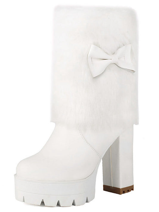 Chunky Heeled Plush Boots with Vintage Bow Accent
