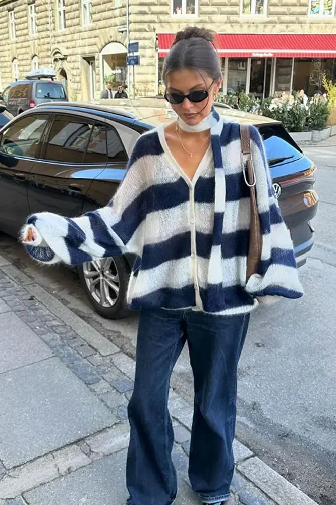 Striped V-Neck Loose Knit Cardigan