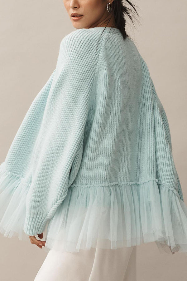 Mesh Ruffle Knit Cardigan with Long Sleeves