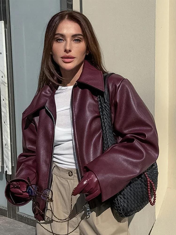 Burgundy Faux Leather Jacket with Stylish Lapel and Zipper Detail