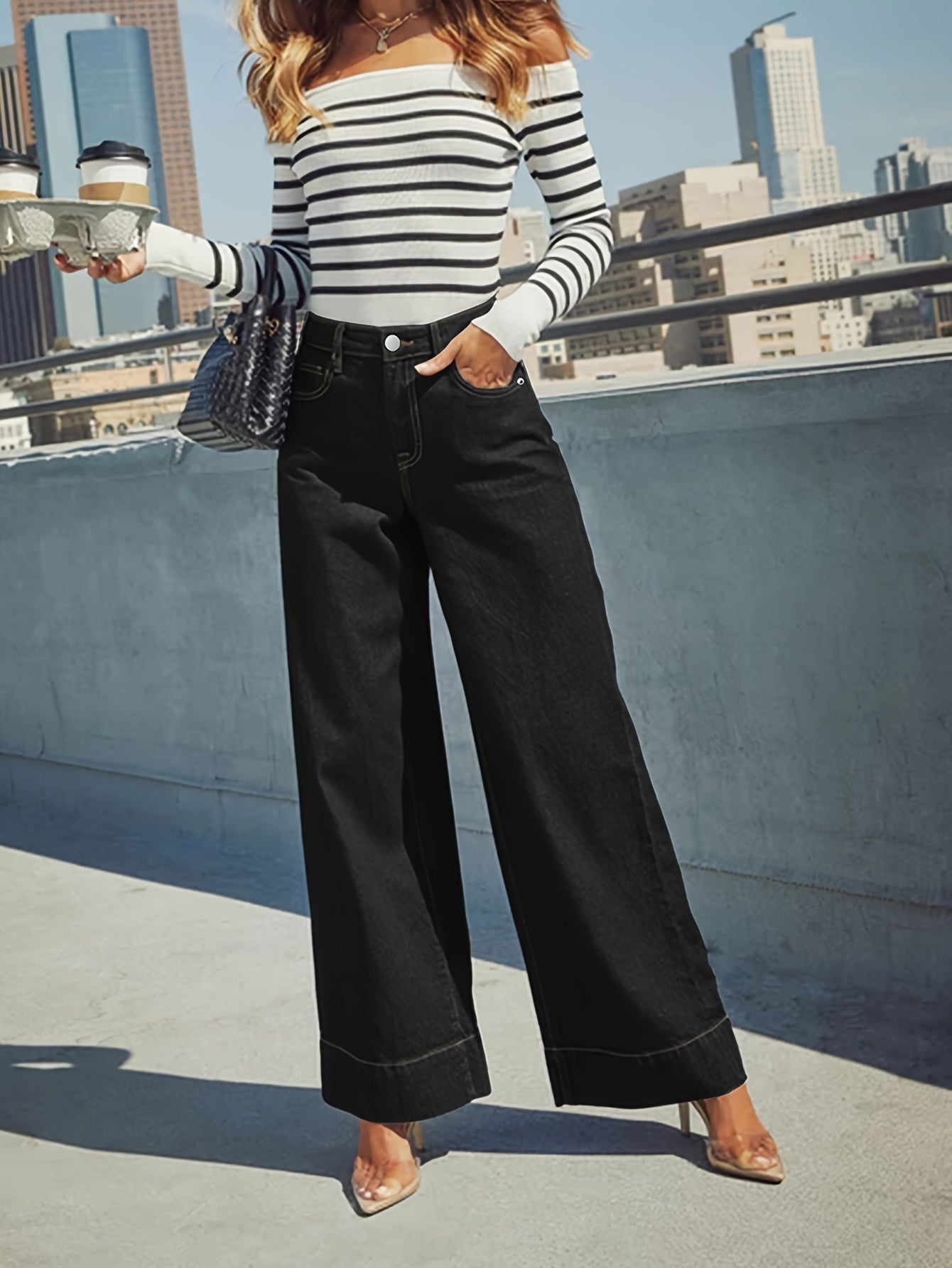 High-Waist Wide-Leg Stretch Denim Jeans with Cuffed Hem
