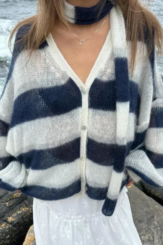 Striped V-Neck Loose Knit Cardigan