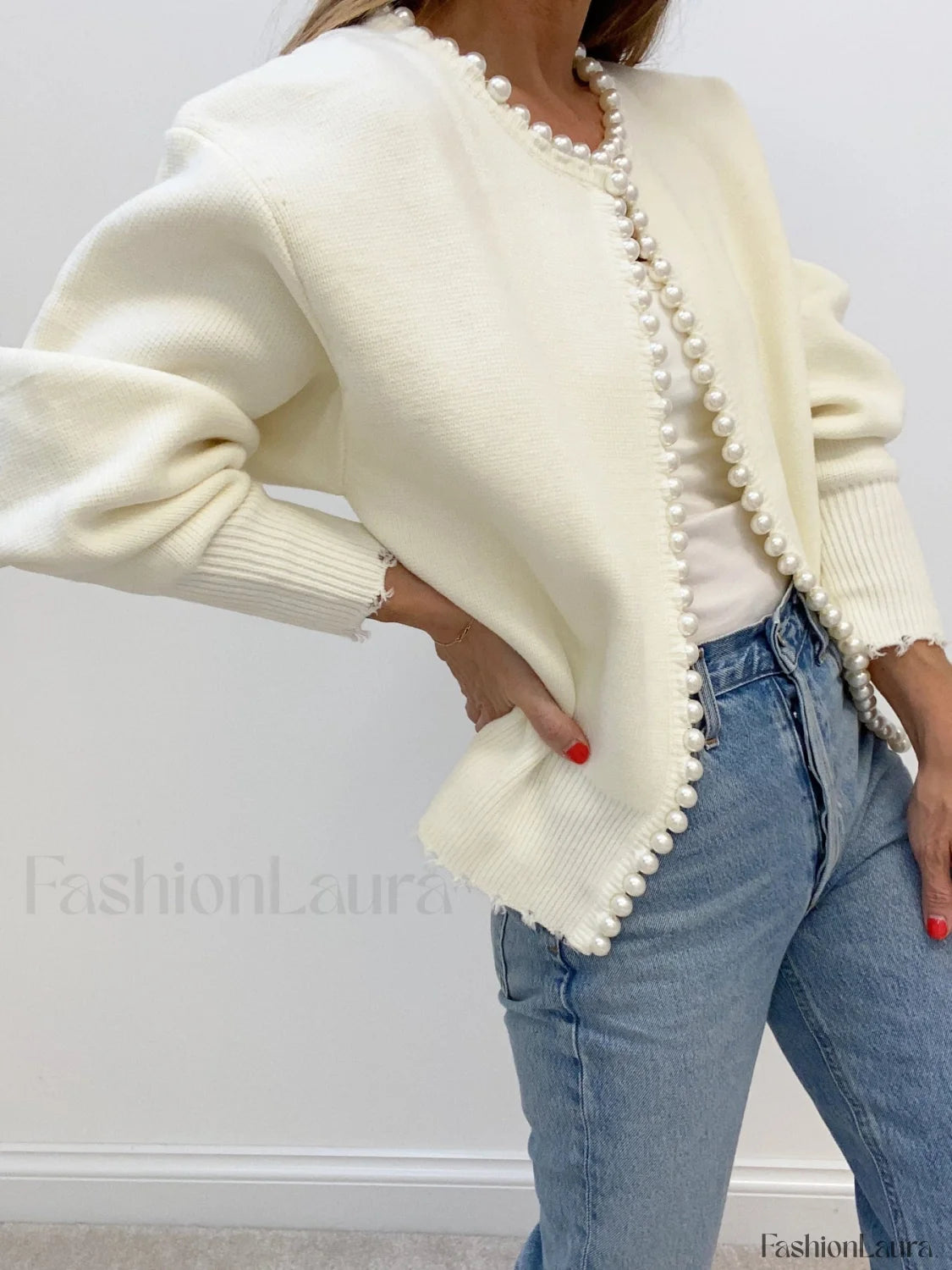 Pearl Trim Ripped Hem Knit Cardigan