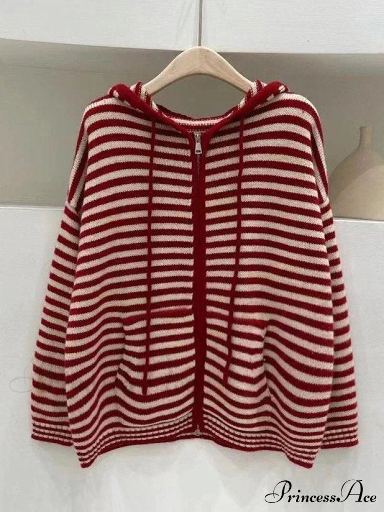Cozy Striped Hooded Zipper Cardigan