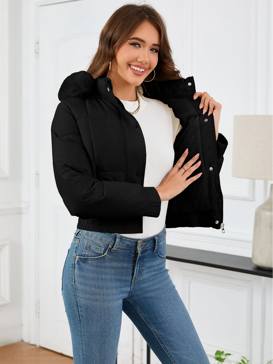 Cozy Padded Winter Jacket with Fur Hood and Pockets
