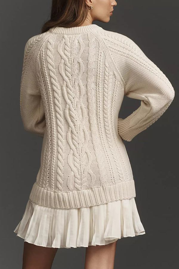 Cable Knit Sweater Mini Dress with Pleated Chiffon Hem