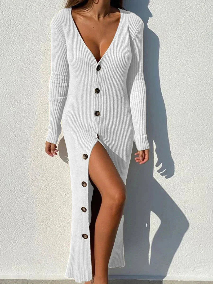 Long Knitted Dress with Plunging Buttoned Neckline