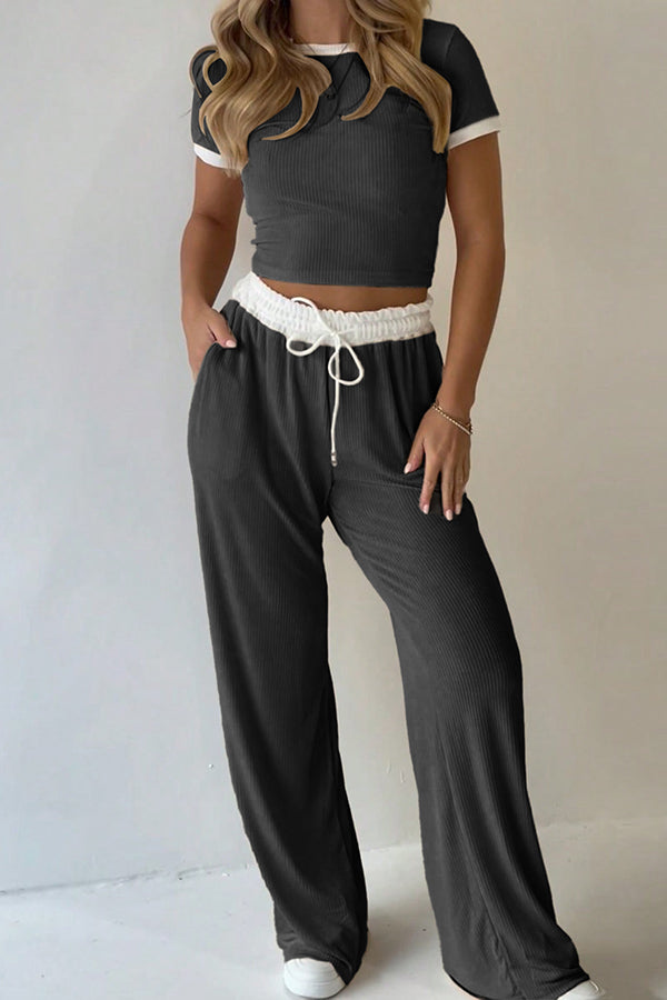 Casual Two-Piece Set with Round Neck Top and Elastic Waist Pants