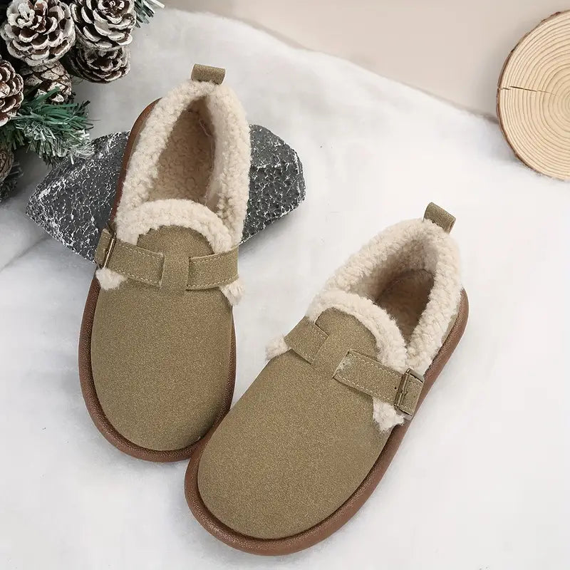 Cozy Fleece-Lined Slip-On Flats with Buckle Strap