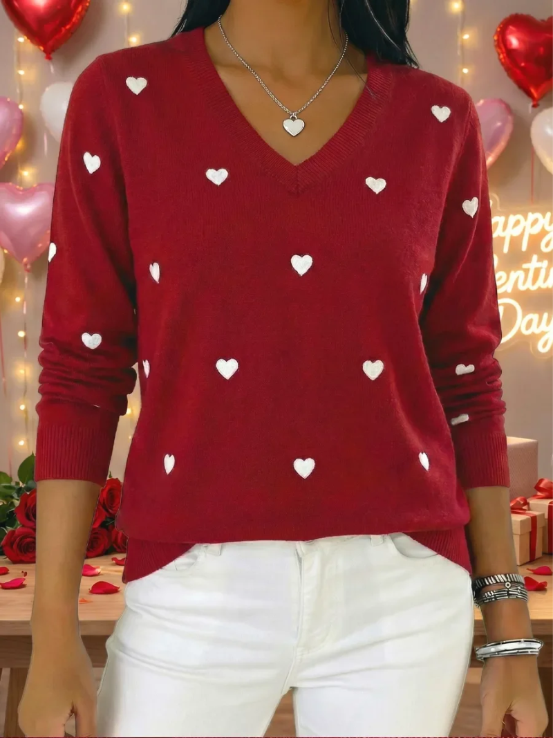 Heartfelt V-Neck Sweater with Charming Heart Pattern