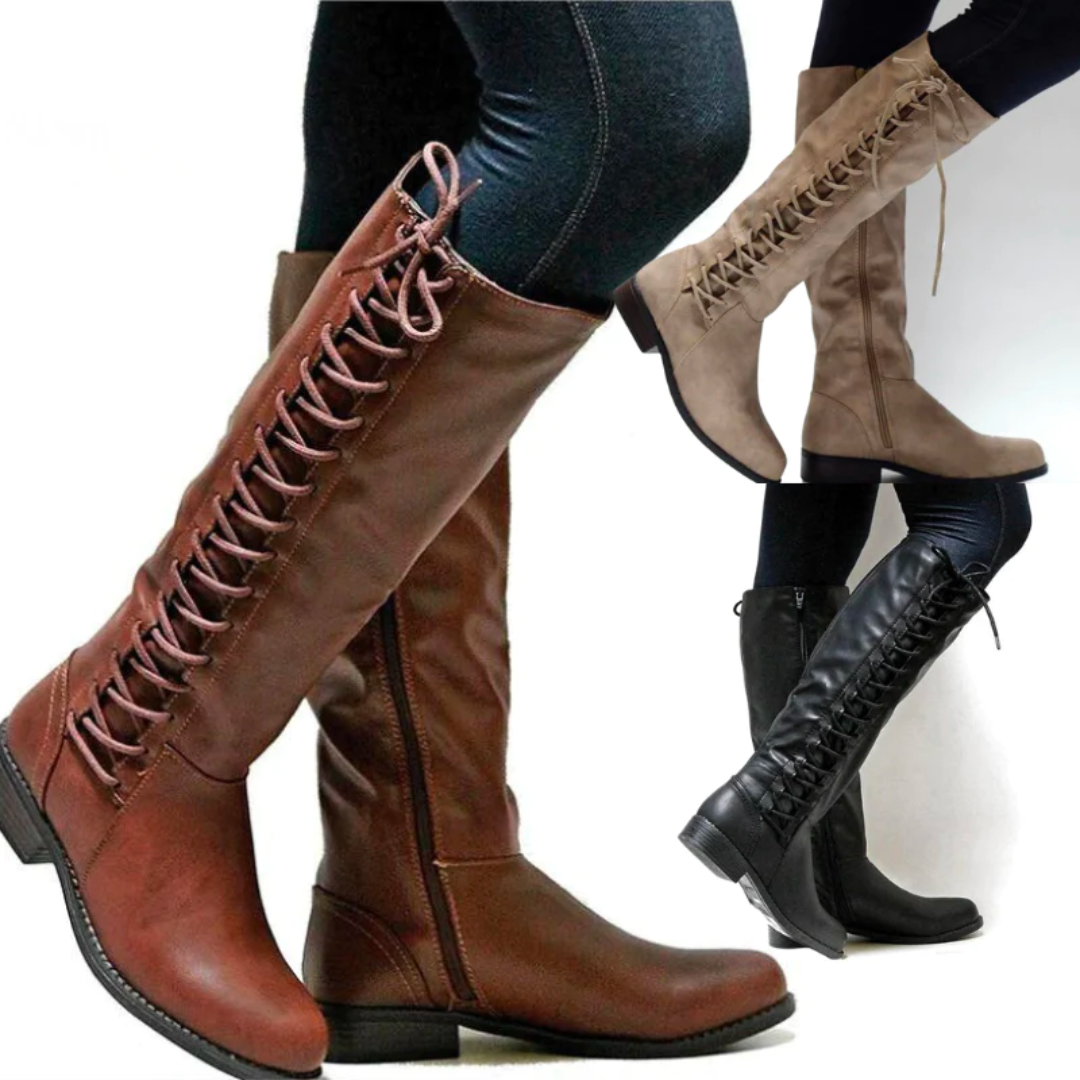 Women's Leather-Look Block Heel Boots with Zipper and Lacing