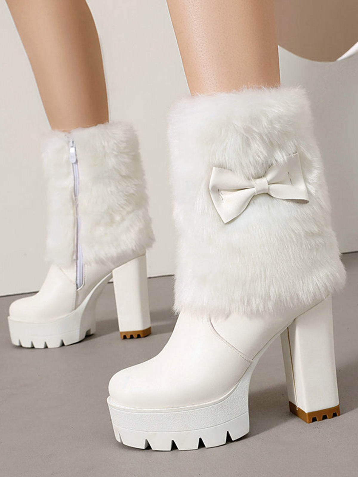 Chunky Heeled Plush Boots with Vintage Bow Accent
