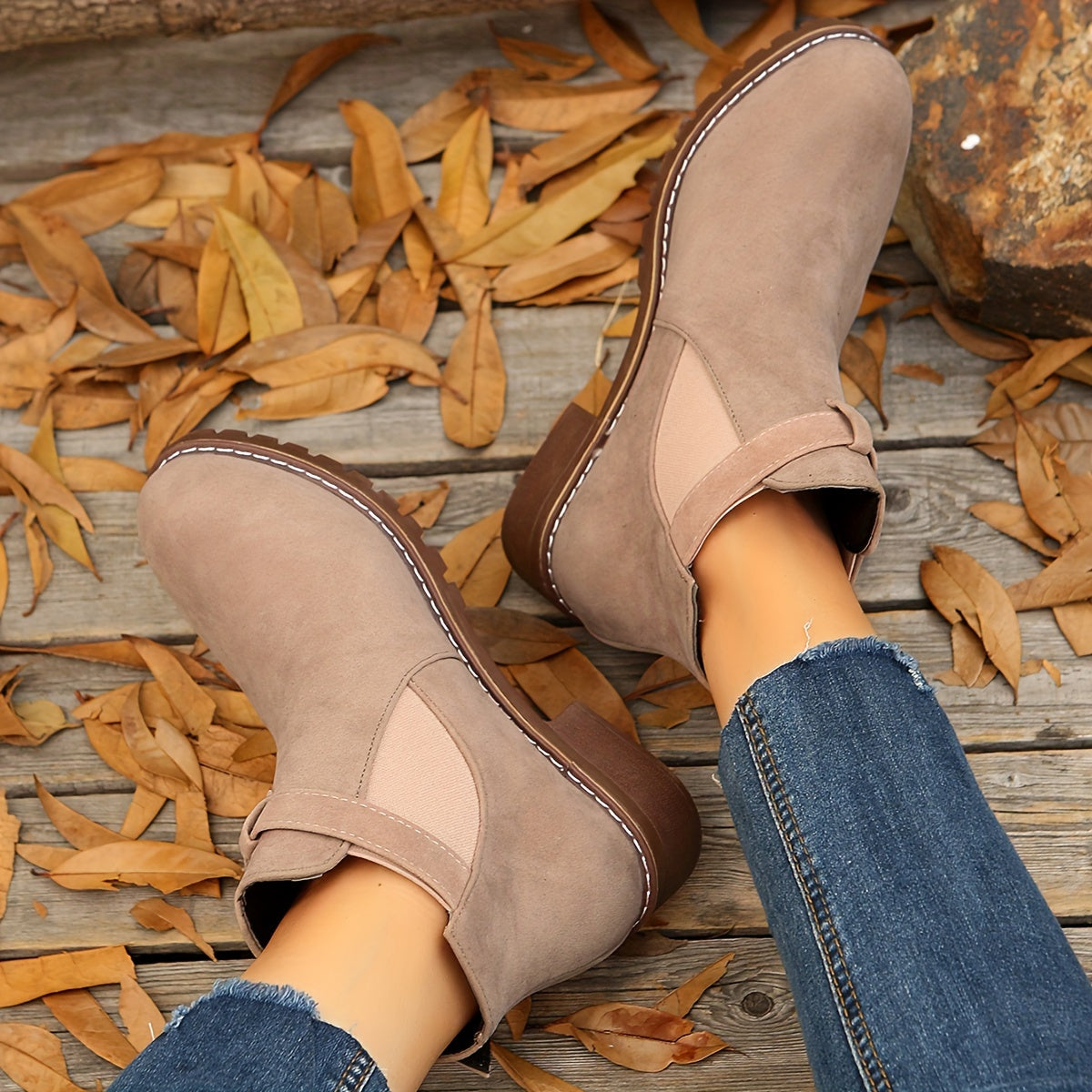 Chic Block Heel Ankle Boots with Buckle Strap and Elastic Sides