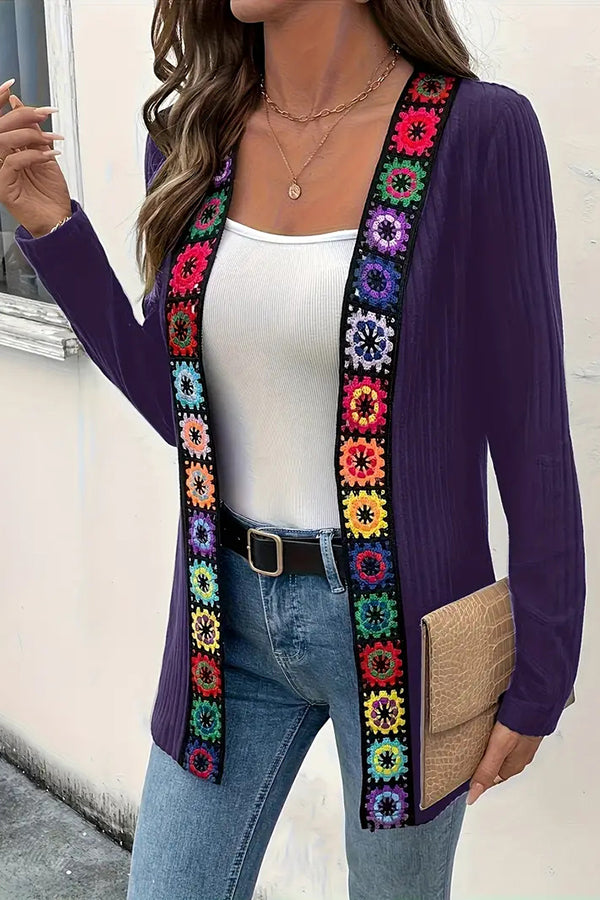 Boho Floral Edge Knit Long Sleeve Cardigan