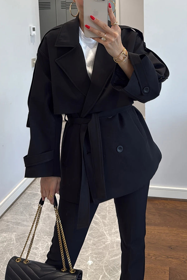 Modern Urban Belted Lapel Trench Coat with Button Detail
