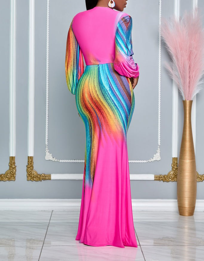 Tie-Dye Pleated V-Neck Maxi Dress