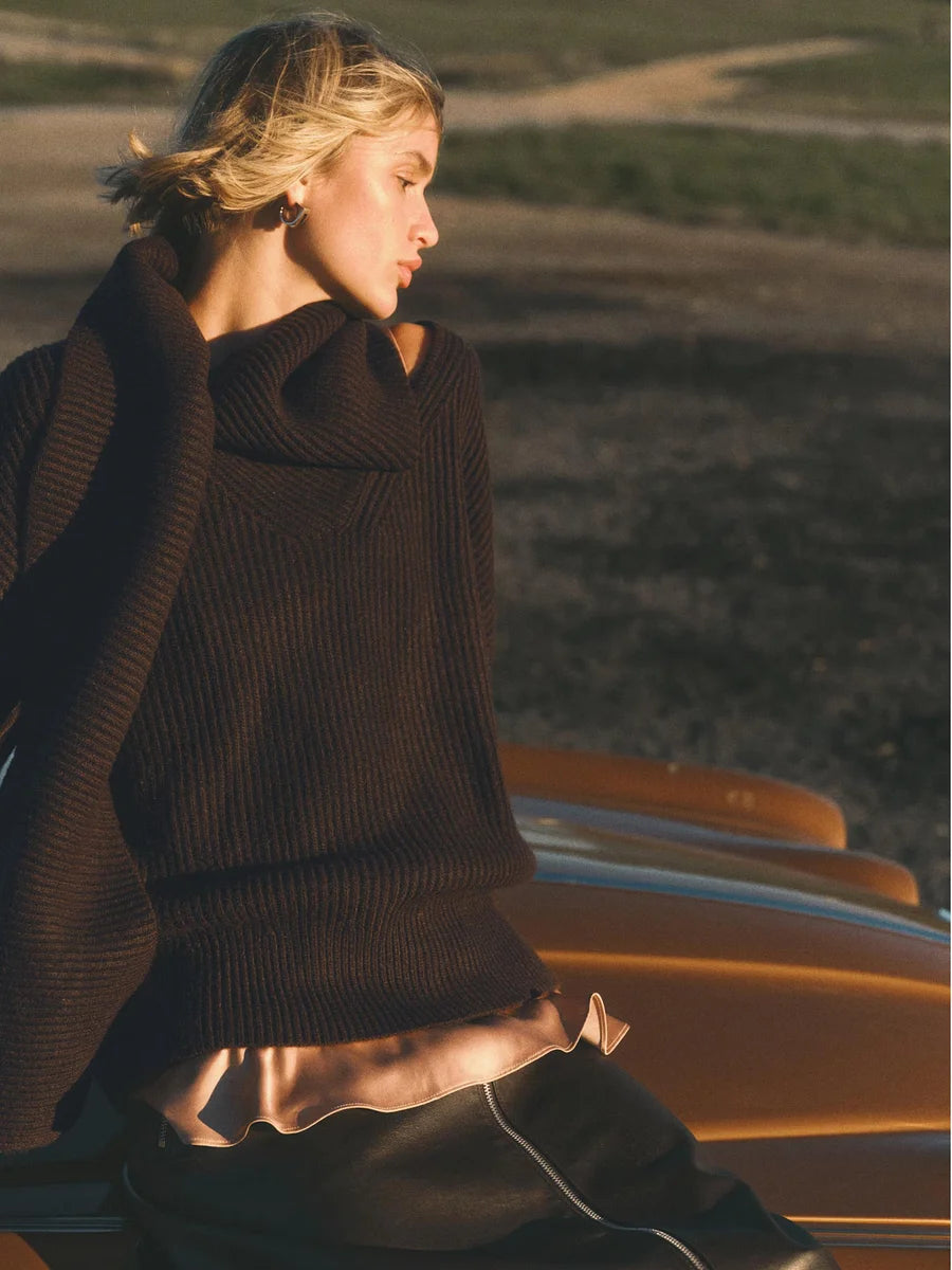 Chocolate Brown Ribbed Sweater with Attached Scarf